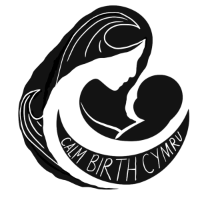 logo Calm Birth Cymru - image of mother and child in black and white block